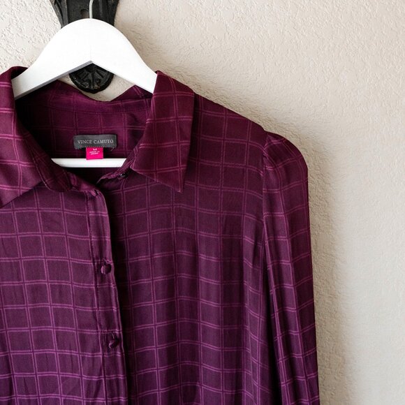 Vince Camuto Plum Grid Button-Up Blouse Size M – Long Sleeve Sheer Dress Shirt - Picture 4 of 6